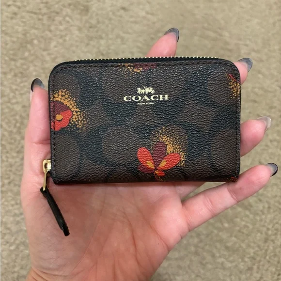 Coach Dark Brown Wallet with Red Floral Accents - Picture 1 of 3